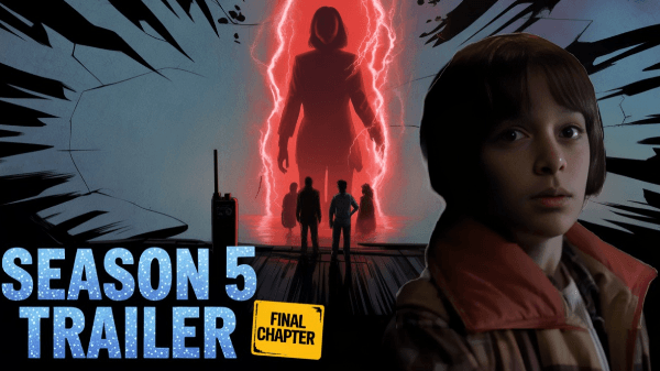 Eleven stands in front of a red portal with glowing powers, facing Vecna’s shadow in Stranger Things Season 5 official trailer scene.