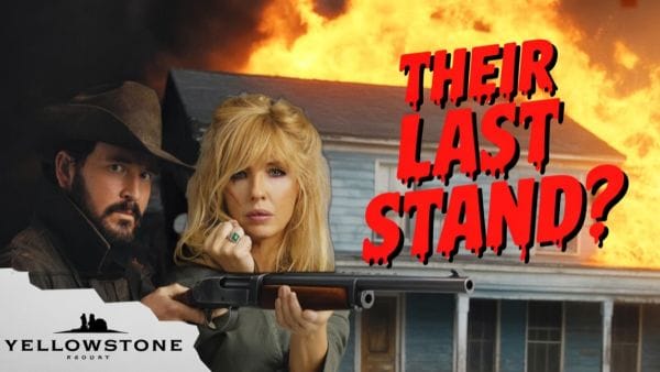 “Beth Dutton and Rip Wheeler standing together from Yellowstone spin-off, with a burning house in the background, symbolizing a dramatic new beginning.”